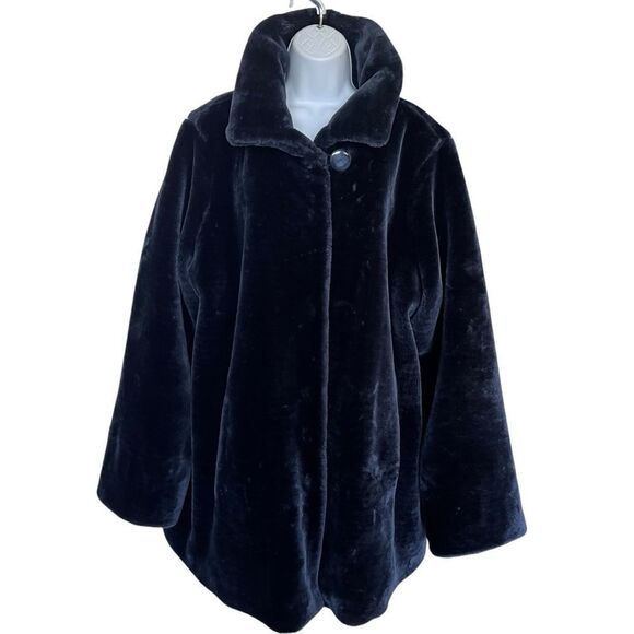 DENNIS By Dennis Basso Vintage Oversized Faux Fur Coat - Navy Blue, Size 2X - Picture 1 of 10
